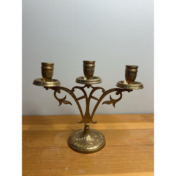 Antique vintage brass etched Candle Holder Vintage Candelabra 3 Branches Candela - Picture 1 of 7